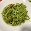 El cooksnap de Yasna cuando hizo Ñoquis con pesto casero, camarones y tomates cherry.