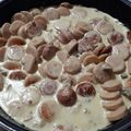 El cooksnap de estcolrod (Esther) cuando hizo 91. Salchichas Bratwurst con champiñones en salsa.