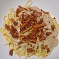 El cooksnap de Laura RuRo cuando hizo Spaghetti con foie gras y crujiente de jamón.