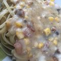 El cooksnap de Germania Ceballos cuando hizo Pasta carbonara con maíz, tocineta y chuleta ahumada.