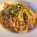 Shu's cooksnap of when they made Spaghetti with salmon, saffron and pistachio nuts.
