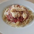 El cooksnap de Marieta cuando hizo Espaguetis con salsa de tomate casera, queso y pollo en plancha.