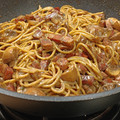 El cooksnap de Jesús Ruiz cuando hizo Pasta con panceta ahumada y champiñones.