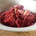 El cooksnap de Scar cuando hizo Espaguetis con pesto de remolacha.