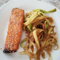 El cooksnap de Maria cuando hizo Salmón al horno marinado con soja y miel con tallarines de calabacín.