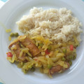 El cooksnap de edu cuando hizo Salchichas frescas con champiñones y guisantes.