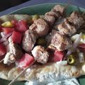 Sigrun's cooksnap of when they made Greek Pork Souvlaki with Greek Salad and Flatbread.