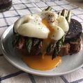 Shu's cooksnap of when they made Farmers market poached duck egg, black pudding, asparagus and sourdough.