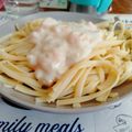 El cooksnap de Kathy Laborde Inostroza cuando hizo Tallarines salsa Blanca hecha en casa y camarones y jamón.