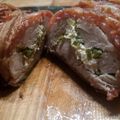 Marilyn 's cooksnap of when they made Bacon wrapped stuffed tenderloin.