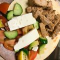 K's Kitchen's cooksnap of when they made Greek Pork Souvlaki with Greek Salad and Flatbread.