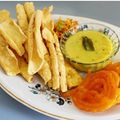 Rosy Sethi's cooksnap of when they made Fafda, jalebi with chutney and salad.