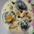 El cooksnap de Gisela Almonacid cuando hizo Sorrentinos de salmón con tinta de calamar y salsa camarón.