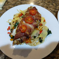 Justy Pusty's cooksnap of when they made Bacon - wrapped fish with spaghetti.
