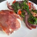 Miles's cooksnap of when they made Oven Baked Mozzarella wrapped in Parma Ham, with sautéed Onion and Tomato.