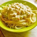 Farkas Annamária Cooksnap-ja, amikor elkészítette a(z) Tejszínes, baconos, kapros, garnélás spagetti receptet.
