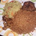 Mamu's cooksnap of when they made Jollof and fried rice,with pepper chicken and salad.