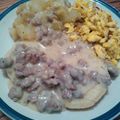 Matt's cooksnap of when they made sweet biscuits and gravy.
