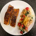 Miles's cooksnap of when they made Pan Fried Salmon with Zesty Sautéd Spinach.
