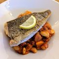 Chris Bewick's cooksnap of when they made Seared hake. Butterbean, chorizo and olive stew. Purple sprouting broccoli.