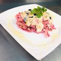 El cooksnap de Monica Cifuentes cuando hizo Fetuccini de betarraga montado en canasto de queso 🧀 parmesano.