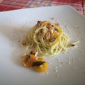 il Sandra quando ha preparato Spaghetti con datterini gialli, salsa di basilico piccante e semi misti tostati