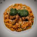 Fabio's cooksnap of when they made Tomato and chorizo risotto with pan fried chicken supreme and pesto compound.