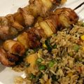 Carol Hursey's cooksnap of when they made Teriyaki chicken and pineapple skewers with fried rice and veggies and eggs rolls.