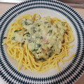 El cooksnap de marialebuffygsr cuando hizo Pasta con espinacas y bacon🍝🥓.
