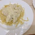 El cooksnap de Marcela Solis cuando hizo Espagueti en salsa Alfredo con Camarones y pan de ajo con queso.