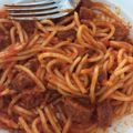 El cooksnap de Cora cuando hizo Espagueti con tocino en salsa de queso y tomate¡.
