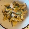 Simi and Milo's cooksnap of when they made Fusilli pasta with chicken, mushroom and zucchini.
