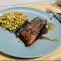 El cooksnap de Alvaro Ballesteros cuando hizo Salmón al horno marinado con soja y miel con tallarines de calabacín.