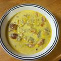 Robert's cooksnap of when they made Smoky Corn and Shrimp Chowder.