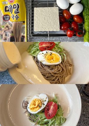 Hình của món 콩국수-Mì đậu nành.