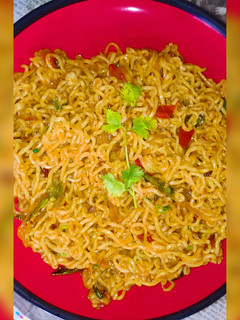 A picture of Spicy Maggi 🌶️🍝 in Schezwan sauce.