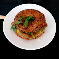 A picture of #Breakfast#Brunch#LunchMy Sausage Onion & Cheese Slice Bagel.
