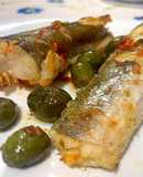 Cefalo con Pomodorini Freschi, Olive Verde al Forno
