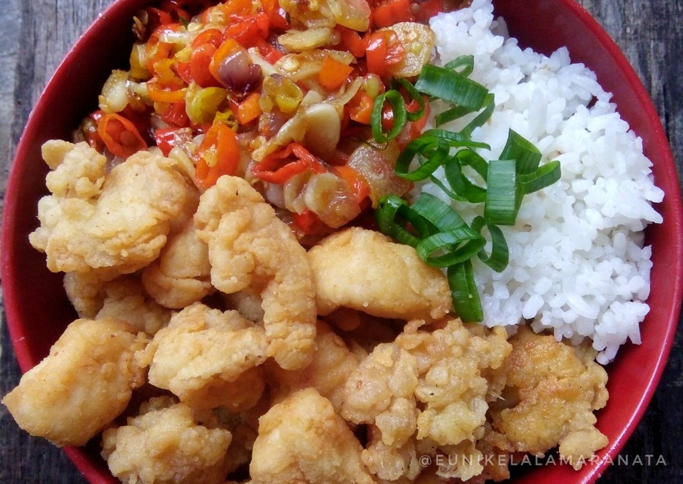 Sambal evening with chicken popcorn - a bowl of rice