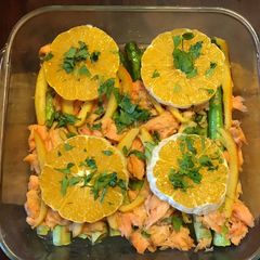 A picture of California Farm Asparagus Salmon Crumble in Orange Butter.