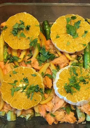 A picture of California Farm Asparagus Salmon Crumble in Orange Butter.