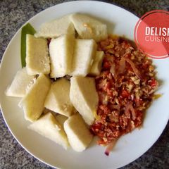 A picture of Boiled yam and egg sauce.