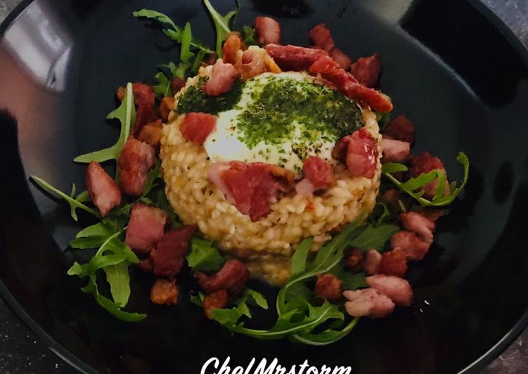 Spicy-Tangy Risotto with Lemon Zest-Parsley-Honey Glazed Mozzarella and Crispy Back Bacon