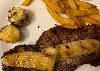 Easiest Way to Make Yummy Dinner for 2 date night Grilled steak wt grilled bananastuffed spinach mushrooms and fries