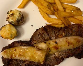 The New Way Prepare Recipe Dinner for 2 date night Grilled steak wt grilled bananastuffed spinach mushrooms and fries Delicious Simple