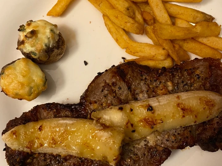 Recipe 🥰Dinner for 2 date night 😍 Grilled steak, wt (grilled banana)stuffed spinach mushrooms and fries❤️ the So Delicious Perfect