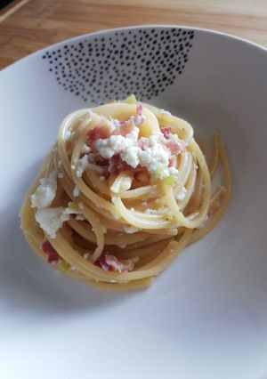 Foto di 415 * Spaghetti con pancetta, porri e ricotta 🍝🥓🥬🧀
