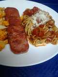 Zucchini spaghetti with hickory smoked spam