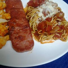 A picture of Zucchini spaghetti with hickory smoked spam.
