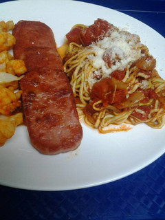 A picture of Zucchini spaghetti with hickory smoked spam.